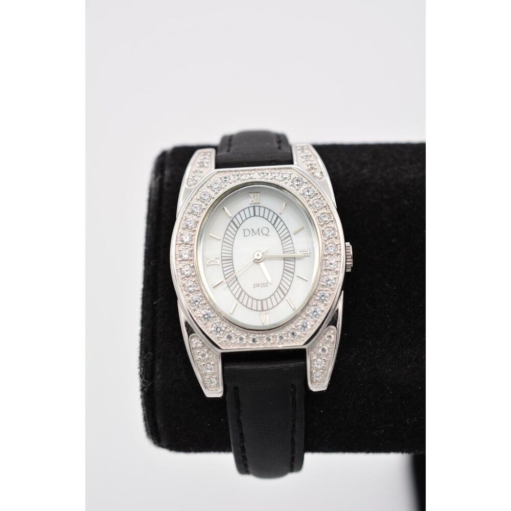 DMQ Ladies’ Watch Swiss Movement CZ Rhinestone Crystal Black Leather Strap Bin7